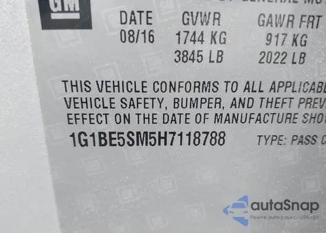 2017 Chevrolet Cruze Lt Auto z USA, uszkodzony, nr VIN 1G1BE5SM5H7118788